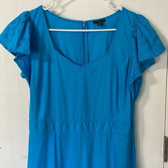 Ann Taylor Factory Blue Eyelit Tiered Embroidered Petal Sleeves Maxi Dress Sz 8 - Picture 10 of 13